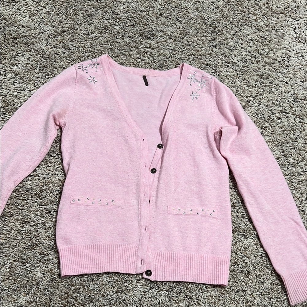 Poof Couture Pink Cardigan Sweater V-Neck Long Sleeve